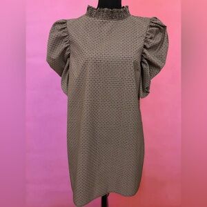 Zara Brown Plaid & Polka Dot Puff-Sleeve Babydoll 60s Style Shift Dress - Medium